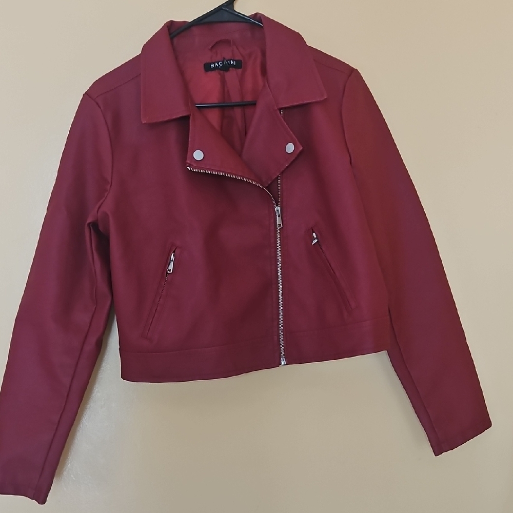 Baccini Deep Red Cropped Faux Leather Moto Jacket